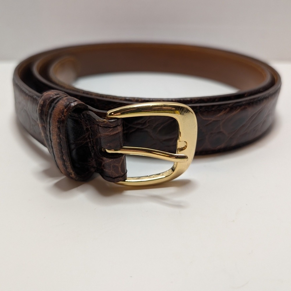Vtg Cole Haan Belt Brown Croc Embossed Leather Solid Brass Mens Sz 42